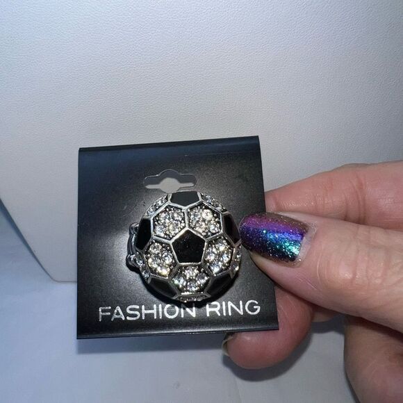 unbranded Jewelry - Ladies Black With Clear Rhinestone Soccer Stretch Ring